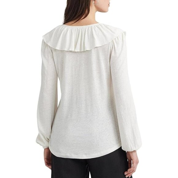 New RALPH LAUREN Ruffle-Trim Jersey Tie-Neck Top- Sm - Picture 2 of 7